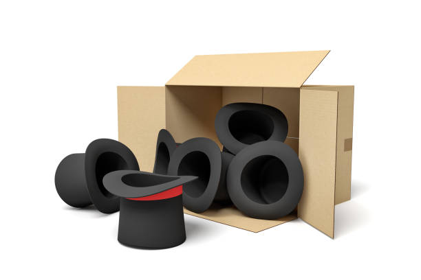 3d rendering of black top hats falling out of a carton box. Digital art. Objects and materials. Clothes and accessories.