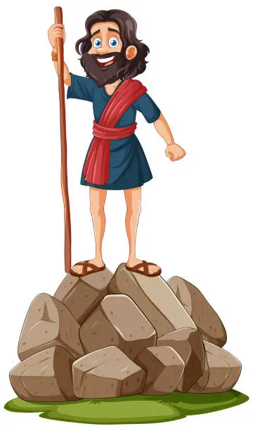 Vector illustration of Cartoon shepherd with staff atop a pile of stones