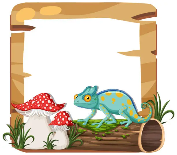 Vector illustration of Colorful chameleon with mushrooms and wooden frame