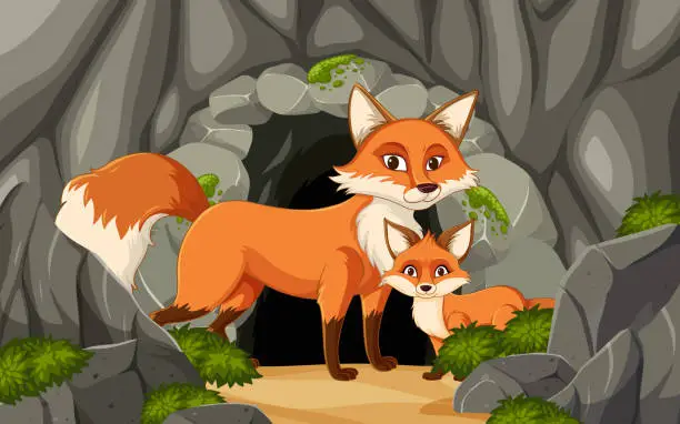 Vector illustration of Adult and young fox near their den in the woods