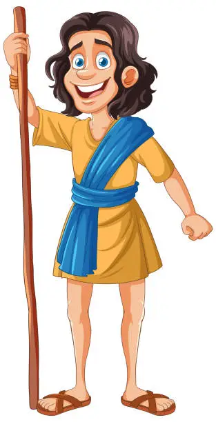 Vector illustration of Animated character in historical clothing with staff