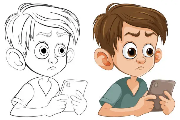 Vector illustration of Vector illustration of a boy with and without color.