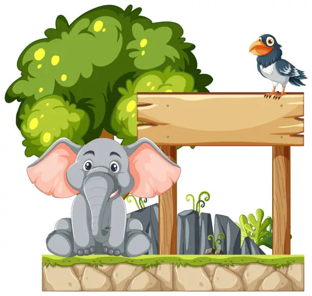 Vector illustration of Cartoon elephant and bird beside a blank sign