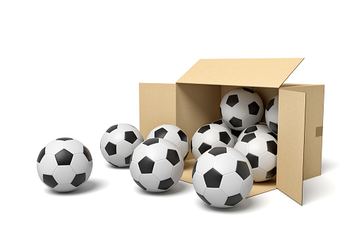 3d rendering of cardboard box full of footballs. Sporting goods. Gym supplies. Football fever.
