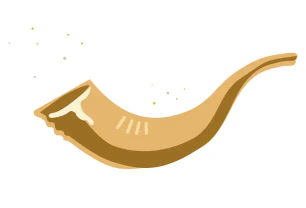 Vector illustration of Shofar horn isolated on white background. Rosh Hashanah greeting card. Shana Tova! Wishes Hebrew text. Icon sign Vector Template Vintage design Judaica