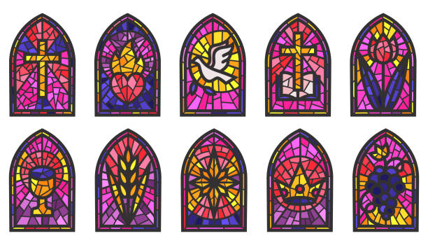 istock Church glass windows. Stained mosaic catholic frames with cross, book and religious symbols. Vector set isolated on white background 2057433787