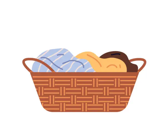 Vector illustration of Washed wet laundry in basket, apparel heap. Pile of cotton clothing, laundry, dirty textile, fabric