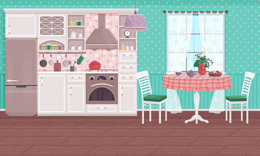 Kitchen interior vector illustration. A cosy kitchen interior concept transforms cooking into delightful experience Comfy and stylish furniture in kitchen enhances warmth family meals Homely decor