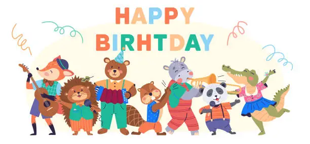 Vector illustration of Animal party. Creatures gather for festive feast, turning animal party into joyful carnival. Happy birthday