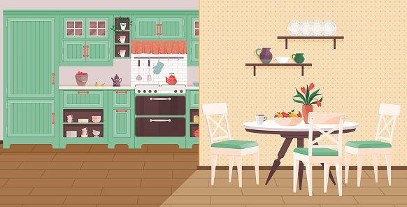 Kitchen interior vector illustration. A well-equipped kitchen interior concept turns cooking into pleasurable ritual The domestic kitchen, adorned with stylish decor, becomes heart home Comfy dining