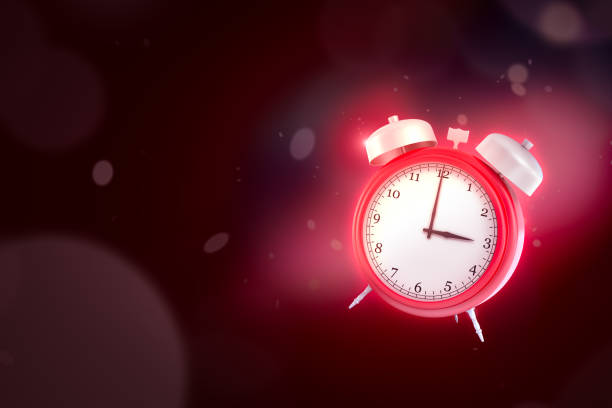 3d rendering of red alarm clock on dark neon background. Digital art. Time to wake up. Power of time.
