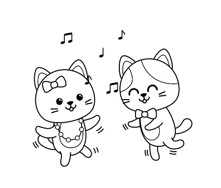 Coloring page. Dancing cats. Black and white kittens. Color me. Isolated vector illustration eps