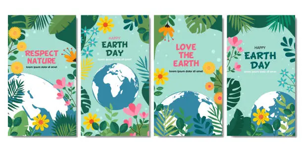 Vector illustration of Earth Day collection with planet earth and flowers for social media story, background, banner, cover