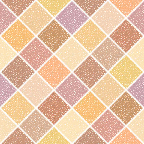 Vector illustration of Stone mosaic. Multicolor square tiles of beige, yellow, sand, orange, brown, with dotted texture. Diagonal checkered abstract geometric seamless pattern