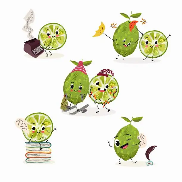 Vector illustration of Cute cartoon limes characters set, collection. Flat vector illustration. Activities, playing musical instruments, sports, funny fruits.