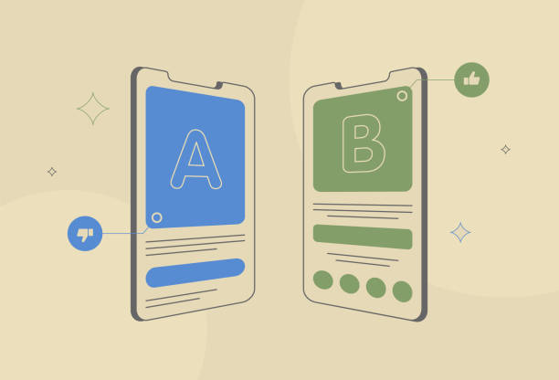 grafika ab testování, ikony pro porovnání split testů mobilních aplikací, analýza dat a výsledky experimentů, vizualizace marketingové strategie, ilustrace optimalizace konverzního poměru s ikonami - experimenty stock ilustrace