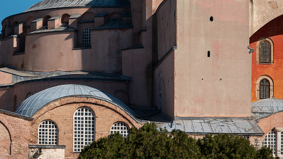 External details  of architectural details of Hagia Sophia in a winter day as seen on 29 January in Istanbul, Turkey. Ayasofya is World landmark. Former Byzantine cathedral of Constantinople