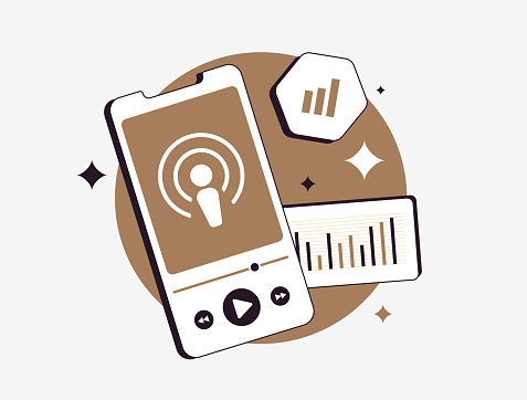 Optimize podcasts with precise analytics, common indicators of engagement, monitor podcast metrics and delve into valuable audience insights for strategic audio content creation vector illustration.
