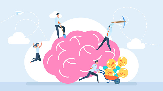 Brainstorming. Human intelligence. Brain storming. Brain storm. Concept of knowledge, brainstorming. Learning process, creativity, innovation, learn to think. Brainstorm. Flat illustration