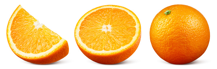 Orange isolated on white. Orange with slice and half on white background. Orang fruit collection with clipping path. Full depth of field.