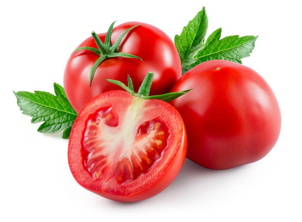 istock Tomato isolated. Tomatoes with leaf on white background. Tomato, leaves and a half side view composition. Full depth of field. 2057484373