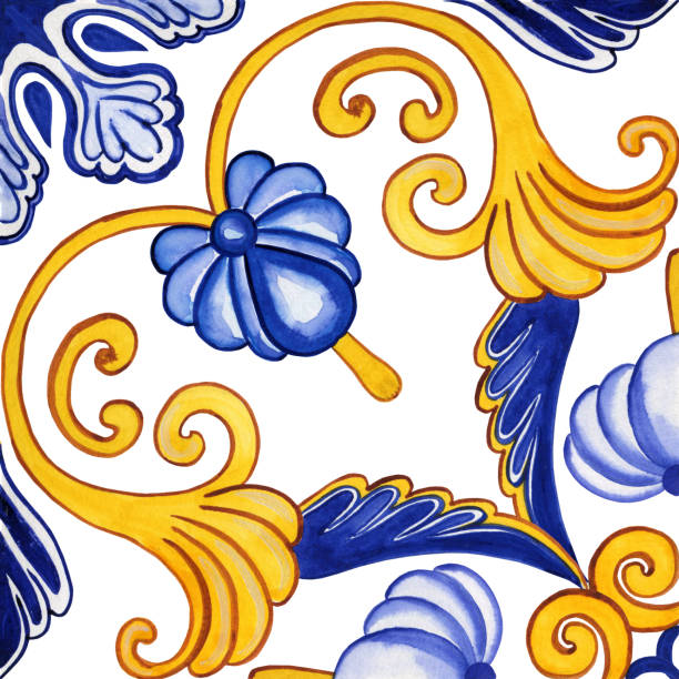 istock Traditional Azulejo ceramic tiles. Hand drawn watercolor Italian print for fabric and wallpaper. Sicilian majolica in blue and yellow colors. Mediterranean style ornament. 2057492782