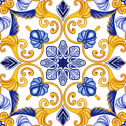 Traditional Azulejo ceramic tiles. Hand drawn watercolor Italian print for fabric and wallpaper. Sicilian majolica in blue and yellow colors. Mediterranean style ornament.