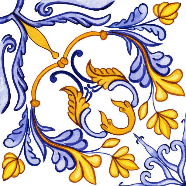 istock Traditional Azulejo ceramic tiles. Hand drawn watercolor Italian print for fabric and wallpaper. Sicilian majolica in blue and yellow colors. Mediterranean style ornament. 2057493306