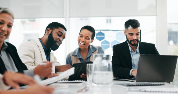 istock Meeting, tablet and business people in office talking for planning, kpi analytics and online proposal. Corporate, teamwork and men and women working on digital tech, brainstorming ideas and research 2057494889