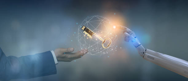 istock Artificial intelligence, a robot hand and human hand touching golden KEY,  Data to success concept of creation and intelligence 2057495970