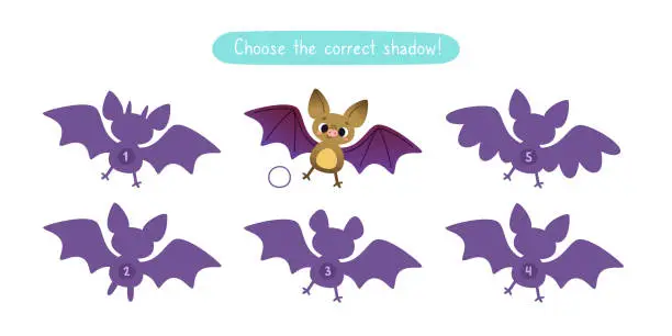 Vector illustration of Mini game with cute bat for kids. Find the correct shadow of cartoon vampire bat. Brainteaser for kids.