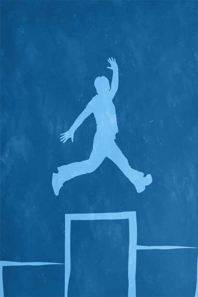 Successful young business man  at peak or top climbing success growth ladder or graph, achieving top of the chart first position on staircase painted on a smudged blotched rustic retro style blue vertical vector background