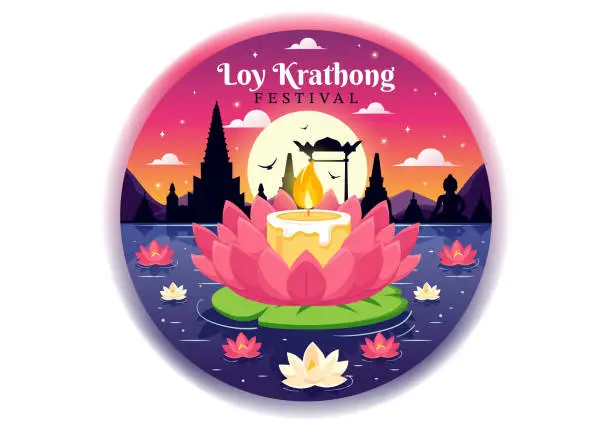 Vector illustration of Loy Krathong Vector Illustration of Festival Celebration in Thailand with Lanterns and Krathongs Floating on Water Design in Flat Cartoon Background