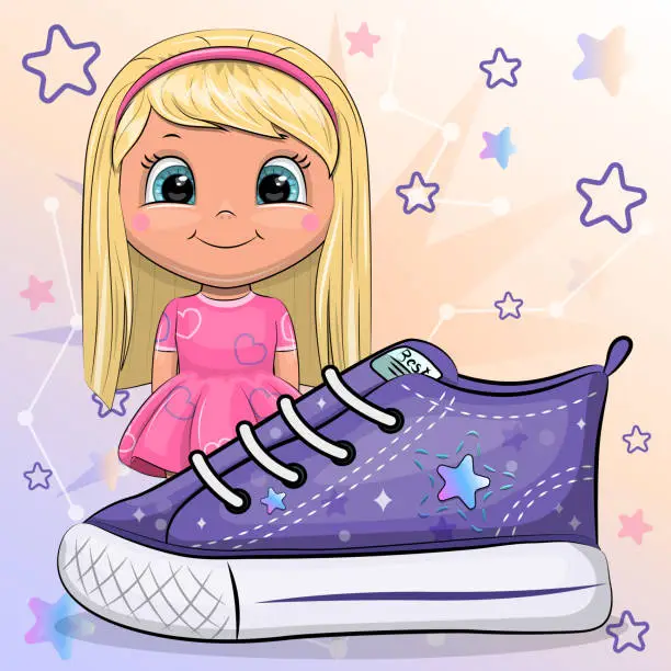 Vector illustration of A cute cartoon girl with a sneaker.