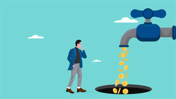 Vector illustration of financial problem, businessman is confused to see the missing business income coin faucet, losses in business are caused by poor financial management