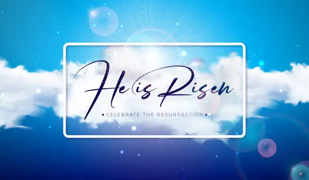 Vector illustration of Easter Holiday Illustration with Cloud on Sunny Sky Background. He is Risen. Vector Christian Religious Design for Resurrection Celebrate Theme Poster Template for Banner, Invitation or Greeting Card.