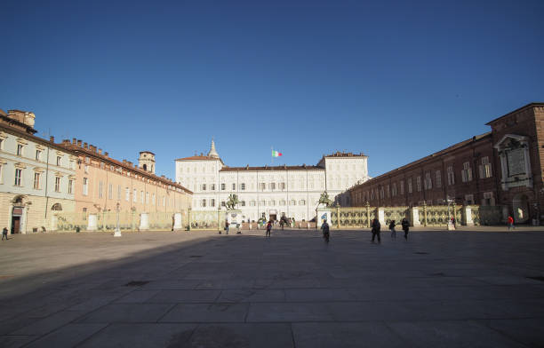 piazza castello square in turin - palazzo reale turin stock-fotos und bilder