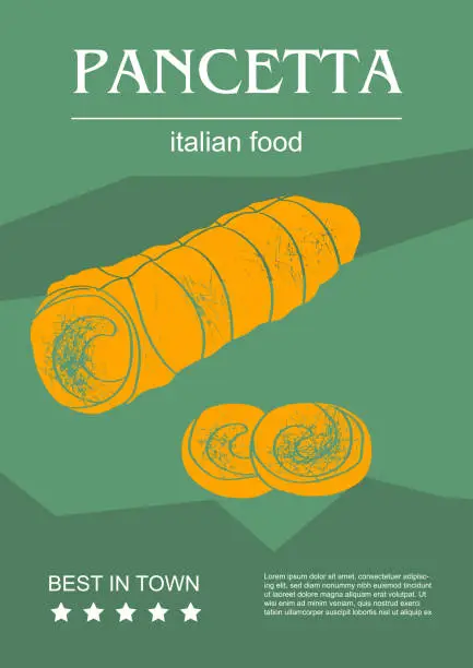 Vector illustration of Italian food set vector illustration. Engraved pancetta, bundle of traditional dishes, homemade and restaurant dinner dishes and sauces cooking in cuisine of Italy