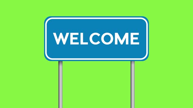 The word Welcome on road sign. Border sign in blue.
