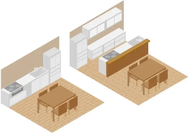 Vector illustration of Isometric face-to-face kitchen renovation image material