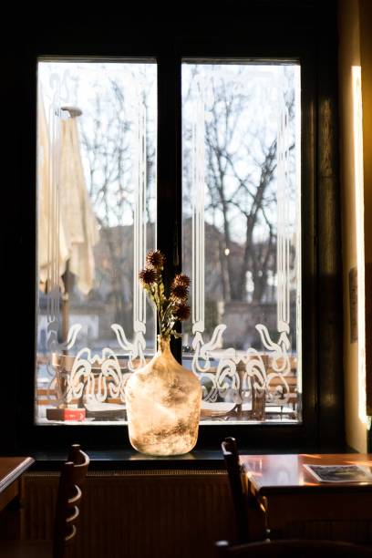 Backlit with morning light flowers on an old window in a bar.