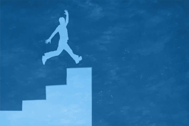 Young business man climbing success growth ladder or graph, achieving top of the chart first position on staircase painted on a smudged blotched rustic retro style blue vector background