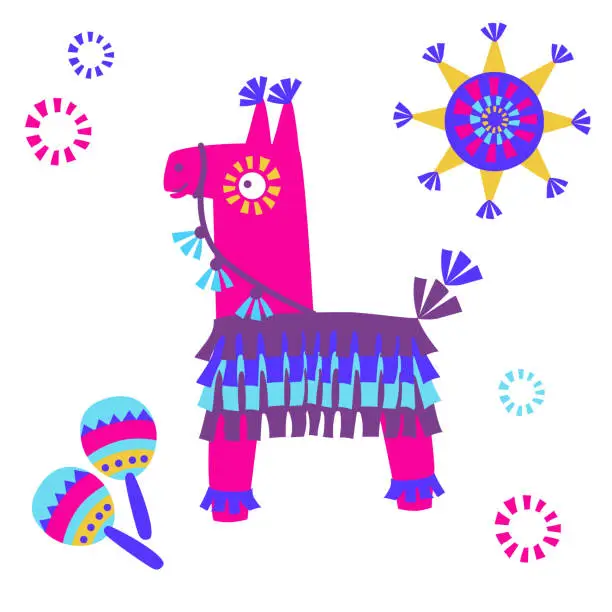 Vector illustration of cartoon animal pinata isolated on white background. Vector illustration of colorful paper accessories in shape of lama, for traditional mexican party