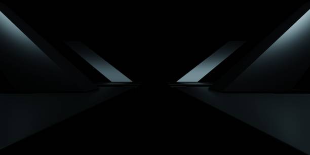 istock 3d rendering of black neon glowing spaceship corridor hallway dark background. Scene for advertising, showroom, technology, future, modern, sport, game, metaverse. Sci Fi Illustration. Product display 2057570249