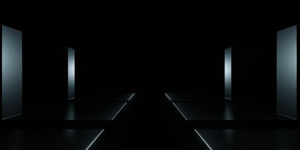 istock 3d rendering of black neon glowing spaceship corridor hallway dark background. Scene for advertising, showroom, technology, future, modern, sport, game, metaverse. Sci Fi Illustration. Product display 2057570250