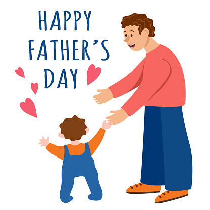 Greeting card design for Father's Day. Father with Daughter and son. Vector flat illustration