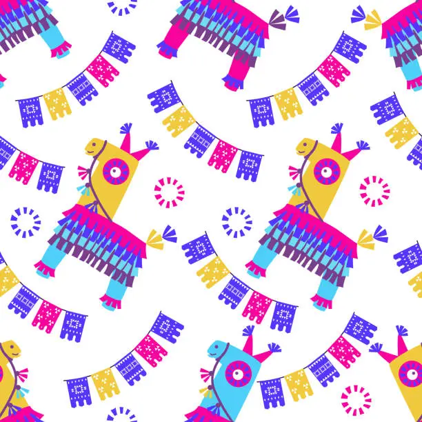 Vector illustration of Seamless Vector Mexican pinata pattern. Birthday llamas with confetti. background for party. Decor textile, wrapping paper 2