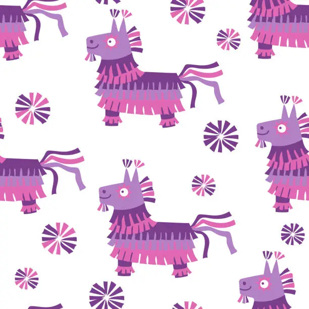 Vector illustration of Seamless Vector Mexican pinata pattern. Birthday toy with bright confetti. background for party. Decor textile, wrapping paper