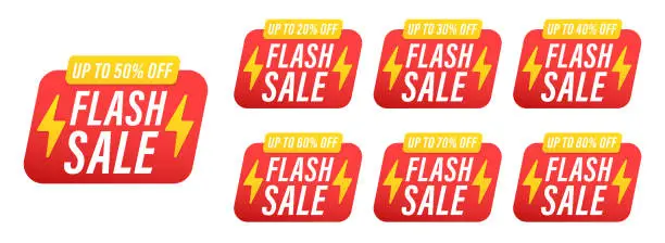 Vector illustration of Flash Sale, deal of the day labels label different value set. 50, 20, 30, 40, 60, 70, 80 percent price cut out badge with lightning bolt decoration. Vector illustration