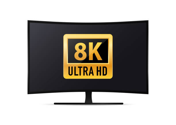 istock Curved screen TV with 8K Ultra HD video technology vector icon, LED television display. UHD Sign. TV Ultra HD Resolution Format. Vector illustration 2057586825